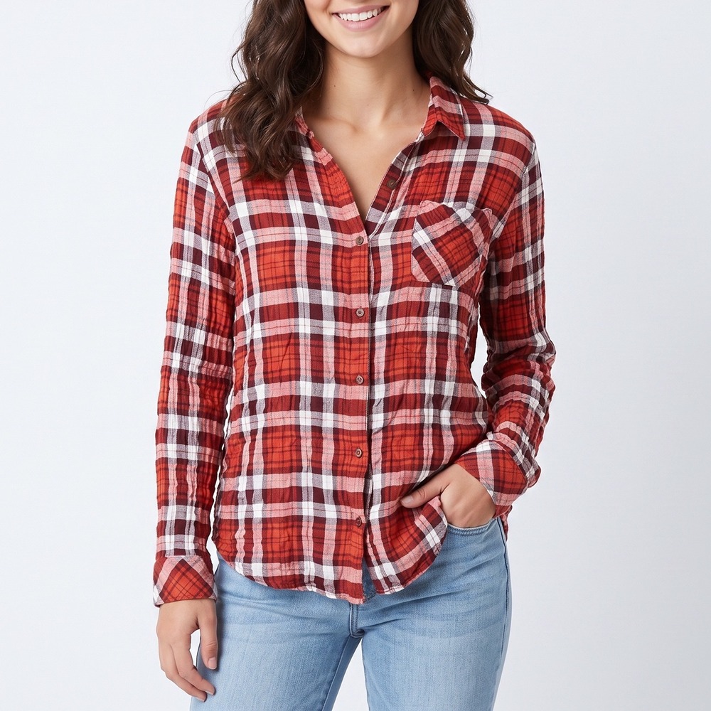 Krazy Kat Button-Down Women XL Red Plaid Crochet Lace Back Excellent